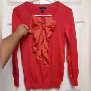 GAP Womens Lightweight Long Sleeve Ruffled Front Cotton Silk Blend Coral Sweater
